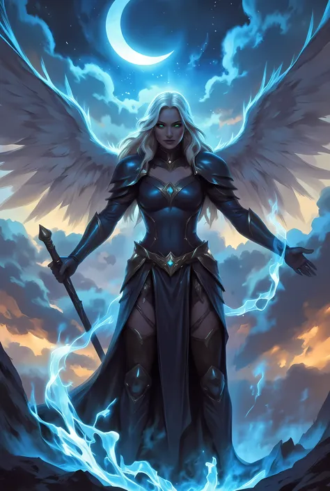 female, sorceress, casting flaming spell, full body, aasimar, female, white large feathered wings, blond hair, green eyes, determined face, divine light, intense eyes, ultra feminine, ultra detailed face, (Masterpieceת intense details:1.5), wearing azure a...
