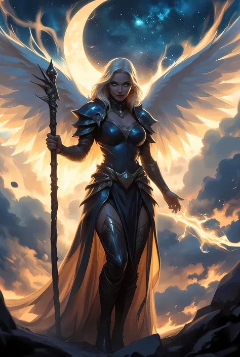 female, sorceress, casting flaming spell, full body, aasimar, female, white large feathered wings, blond hair, green eyes, determined face, divine light, intense eyes, ultra feminine, ultra detailed face, (Masterpieceת intense details:1.5), wearing azure a...