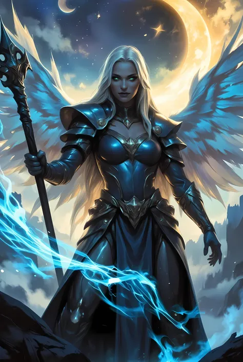 female, sorceress, casting flaming spell, full body, aasimar, female, white large feathered wings, blond hair, green eyes, determined face, divine light, intense eyes, ultra feminine, ultra detailed face, (Masterpieceת intense details:1.5), wearing azure a...
