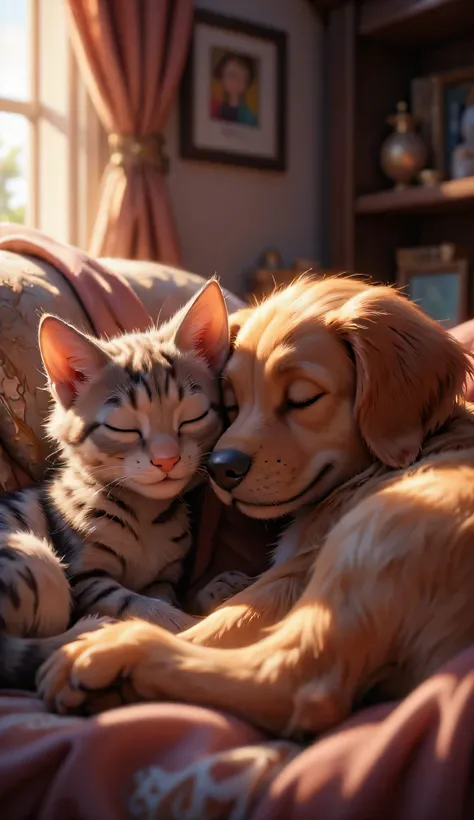 3D style characters, cute tabby kitten and cute golden puppy, fell asleep on the sofa, Inside the house, masterpiece, Background Blur, Shut your mouth.
