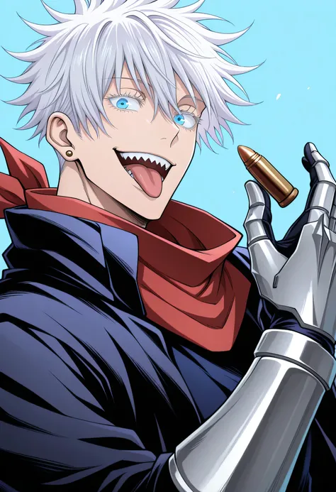 Satoru Gojou \(jujutsu kaisen \), 1boy, armor, armored gloves, bandana, white hair, black jacket, bullet, bullet earrings, earclip, earrings, blue eyes, hair between eyes, hand up, jacket, jewelry, short hair, looking at viewer, male focus, open clothes, o...