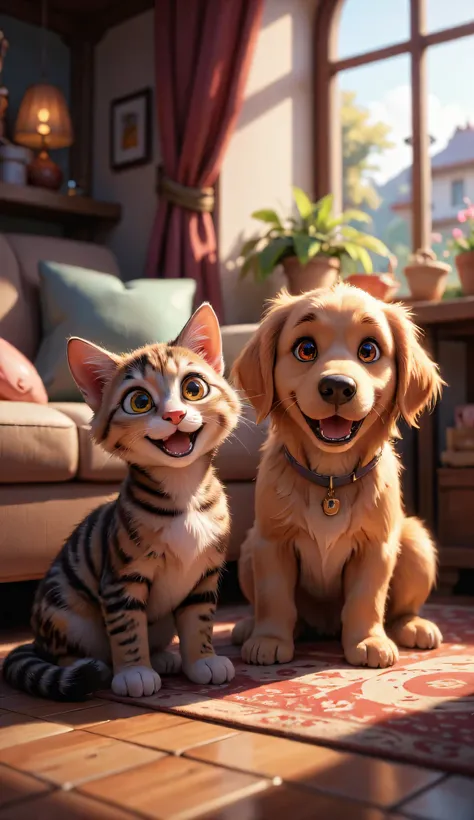 3D style characters, cute happy tabby kitten and cute golden puppy, standing on the floor near the sofa, Inside the house, masterpiece, Background Blur.