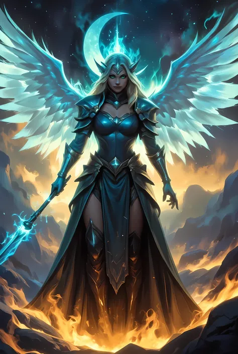 female, sorceress, casting flaming spell, full body, aasimar, female, white large feathered wings, blond hair, green eyes, determined face, divine light, intense eyes, ultra feminine, ultra detailed face, (Masterpieceת intense details:1.5), wearing azure a...