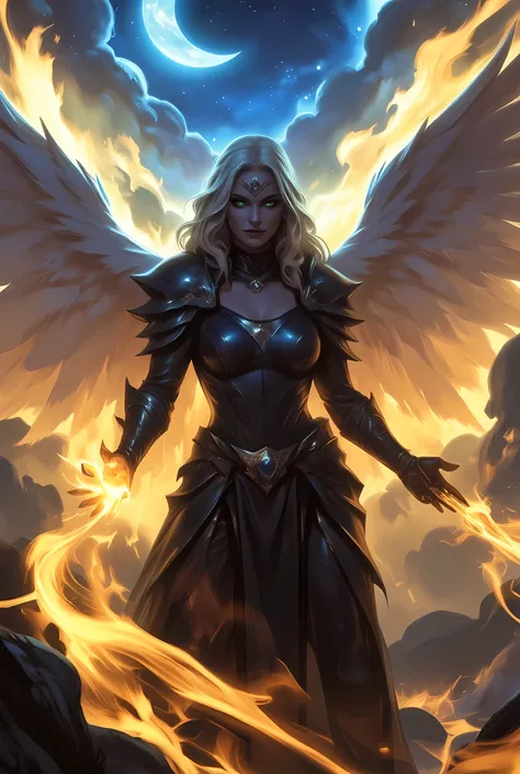 female, sorceress, casting flaming spell, full body, aasimar, female, white large feathered wings, blond hair, green eyes, determined face, divine light, intense eyes, ultra feminine, ultra detailed face, (Masterpieceת intense details:1.5), wearing azure a...