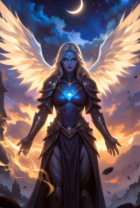 female, sorceress, casting flaming spell, full body, aasimar, female, white large feathered wings, blond hair, green eyes, determined face, divine light, intense eyes, ultra feminine, ultra detailed face, (Masterpieceת intense details:1.5), wearing azure a...