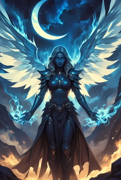 female, sorceress, casting flaming spell, full body, aasimar, female, white large feathered wings, blond hair, green eyes, determined face, divine light, intense eyes, ultra feminine, ultra detailed face, (Masterpieceת intense details:1.5), wearing azure a...