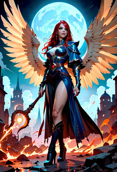 female, sorceress, casting flaming spell, full body, aasimar, female, large feathered wings, red hair, green eyes, determined face, divine light, intense eyes, ultra feminine, ultra detailed face, (Masterpieceת intense details:1.5), wearing azure armor,...