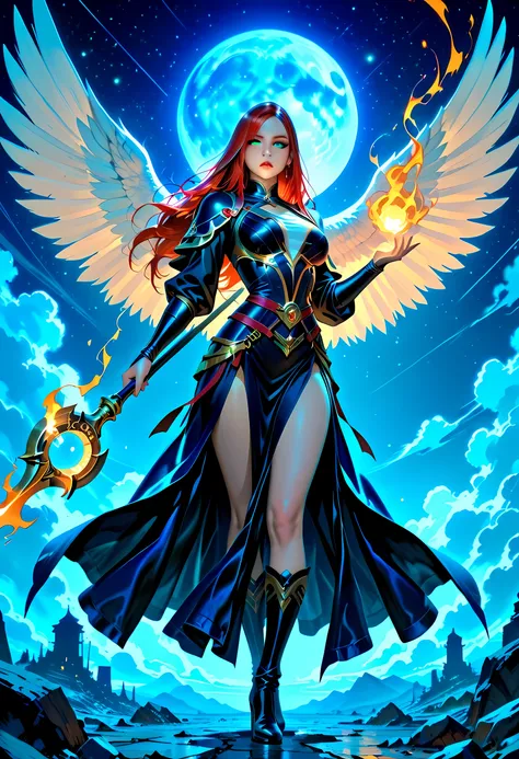female, sorceress, casting flaming spell, full body, aasimar, female, white large feathered wings, red hair, green eyes, determined face, divine light,  intense eyes, ultra feminine, ultra detailed face, (Masterpieceת intense details:1.5),   wearing azure ...