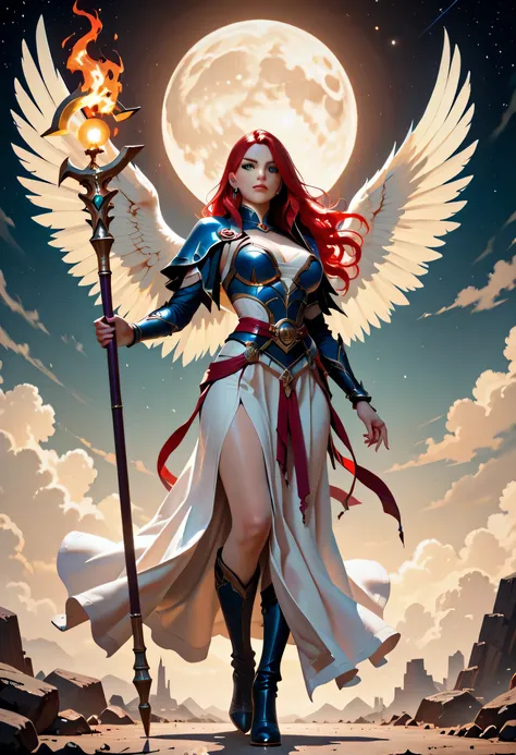 female, sorceress, casting flaming spell, full body, aasimar, female, white large feathered wings, red hair, green eyes, determined face, divine light, intense eyes, ultra feminine, ultra detailed face, (Masterpieceת intense details:1.5), wearing azure ...