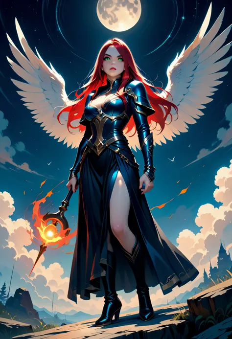 female, sorceress, casting flaming spell, full body, aasimar, female, white large feathered wings, red hair, green eyes, determined face, divine light, intense eyes, ultra feminine, ultra detailed face, (Masterpieceת intense details:1.5), wearing azure ...