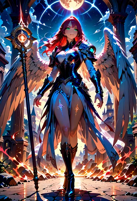female, sorceress, casting flaming spell, full body, aasimar, female, white large feathered wings, red hair, green eyes, determined face, divine light, intense eyes, ultra feminine, ultra detailed face, (Masterpieceת intense details:1.5), wearing azure ...