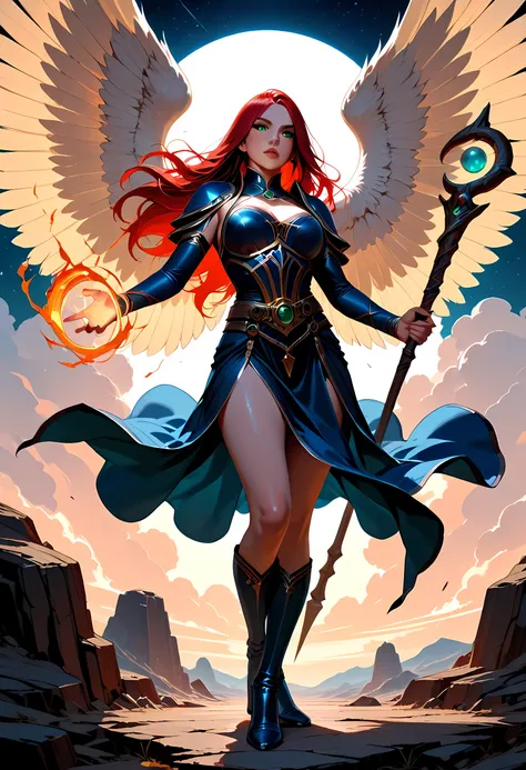 female, sorceress, casting flaming spell, full body, aasimar, female, white large feathered wings, red hair, green eyes, determined face, divine light, intense eyes, ultra feminine, ultra detailed face, (Masterpieceת intense details:1.5), wearing azure ...