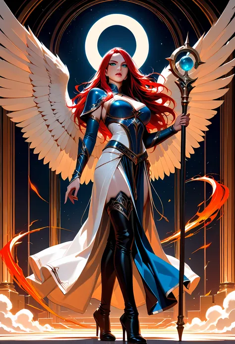 female, sorceress, casting flaming spell, full body, aasimar, female, white large feathered wings, red hair, green eyes, determined face, divine light, intense eyes, ultra feminine, ultra detailed face, (Masterpieceת intense details:1.5), wearing azure ...