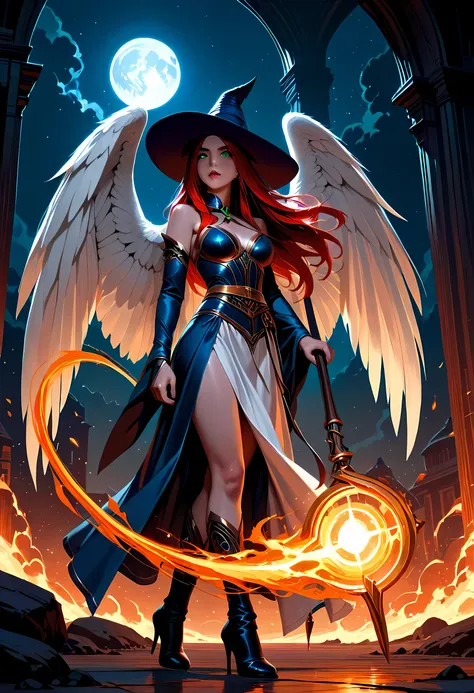 female, sorceress, casting flaming spell, full body, aasimar, female, white large feathered wings, red hair, green eyes, determined face, divine light, intense eyes, ultra feminine, ultra detailed face, (Masterpieceת intense details:1.5), wearing azure ...