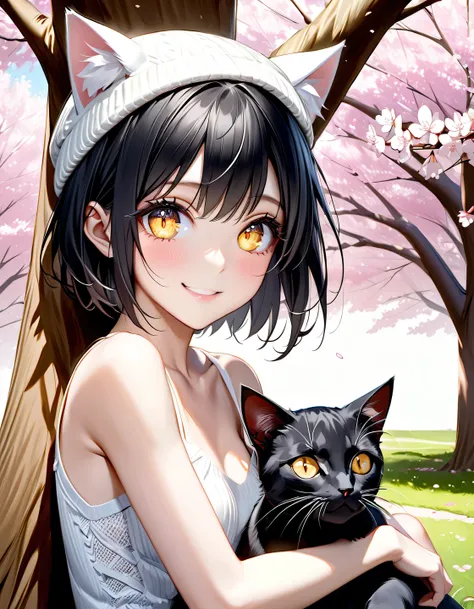 best quality, masterpiece, ultra high res, (Photorealistic:1.4), RAW photo, BREAK
((adult woman)),(((beautiful black hair,very short hair,White knitted hat with cat ears))),BREAK 1 Little Black Cat,
((cute smile)),((Sitting at the base of a large tree,knee...