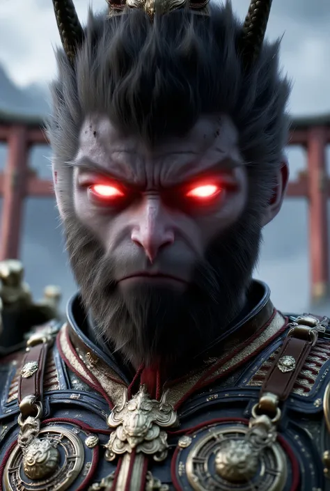 Close-up portrait of a Japanese god with a demonic face, highly realistic and hyper-detailed. The god has sharp, menacing features, glowing red eyes, horned head, and intricate traditional Japanese armor. His skin has a cracked, stone-like texture with hin...