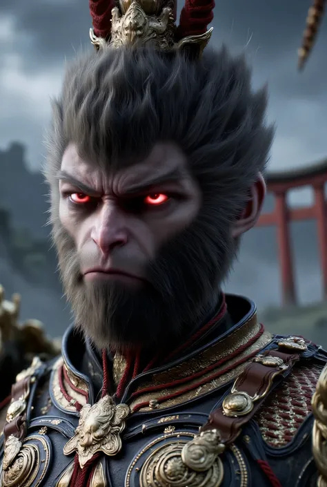 Close-up portrait of a Japanese god with a demonic face, highly realistic and hyper-detailed. The god has sharp, menacing features, glowing red eyes, horned head, and intricate traditional Japanese armor. His skin has a cracked, stone-like texture with hin...