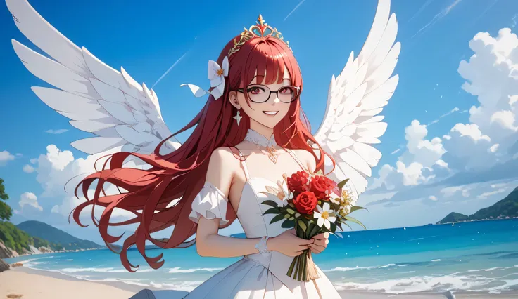 Beautiful asian girl with wavy long hair, smiling ((top quality)), ((傑top quality、masterpiece、high sensitivity、high resolution、detailed description、Delicate Face Depiction)),((Slender Woman、wearing glasses)),With boots that have wings、Flowers blooming on t...