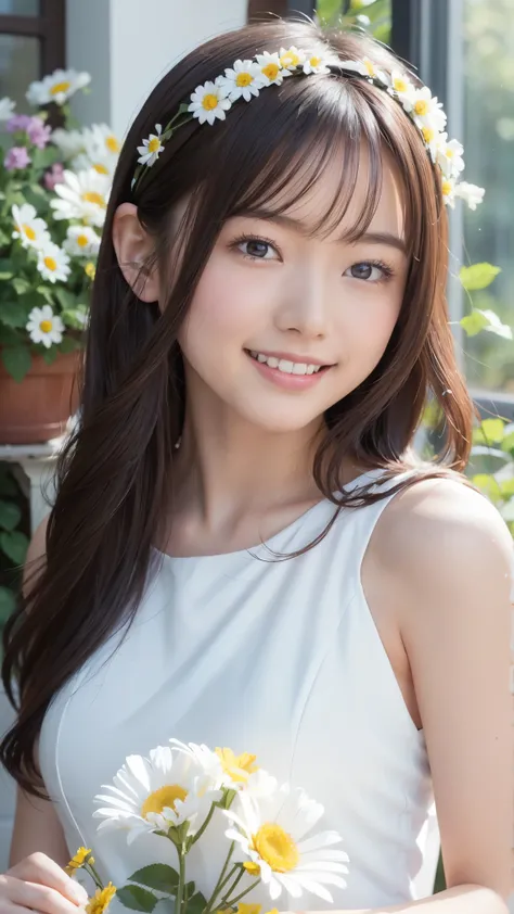 flowercar beauty, A young Asian woman with long wavy hair, wearing a simple hairband and a white top, smiles warmly as she holds a single vibrant flower in her hand. She is leaning out of the open window of a classic white car, which is surrounded by an ar...