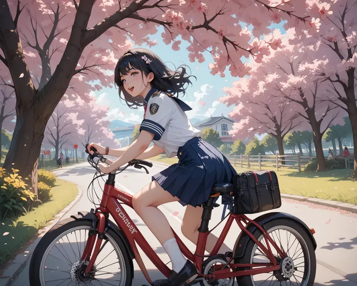 black hair、girl riding a bicycle、Cherry blossom trees、uniform、high school student、 youth、Riverside