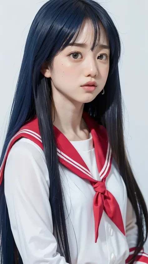 1girl、full body、realistic、(((greatest masterpiece、top quality、high resolution)))、Professional Lighting、Japanese、cute、small、thin、Ayaka Hironaka、Izumi Konata cosplay、(long blue hair、stupid hair)、sailor suits、anatomically accurate、simple background