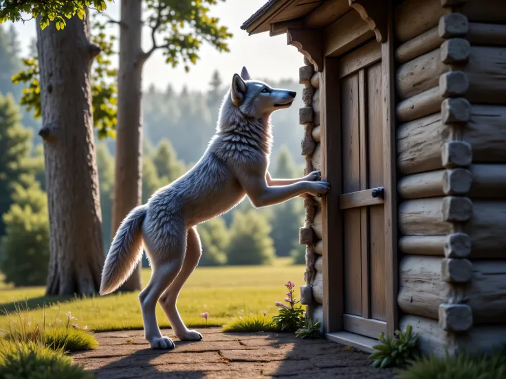  (masterpiece), best quality, 1wolf,  realistic, highly detailed, shallow depth of field, sharp focus, hyperrealism, cinematic lighting, photorealistic style, 8k solution, a gray wolf is standing on its hind legs and knocks on the door of grandmas old wood...