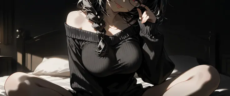 (masterpiece, best quality, ultra-detailed, high resolution, detailed, super detailed skin, beautiful detailed eyes), milf, adult, meek, mild, solo, sad smile:0.1, smug face, half closed eyes, off-shoulder:0.7, sweater, sleeves past wrists, slender body, b...