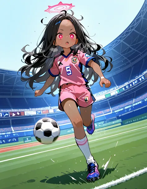 dutch angle,(greatfull soccer sports player in kit celebrating goal)++,((kicking to shoot impact soccer ball with leg(striker soccer play)),looking at ball,girl,fullbody,27years old,(black curly shoulder length hair),forehead,darkskin,natural cosmetic,(cut...