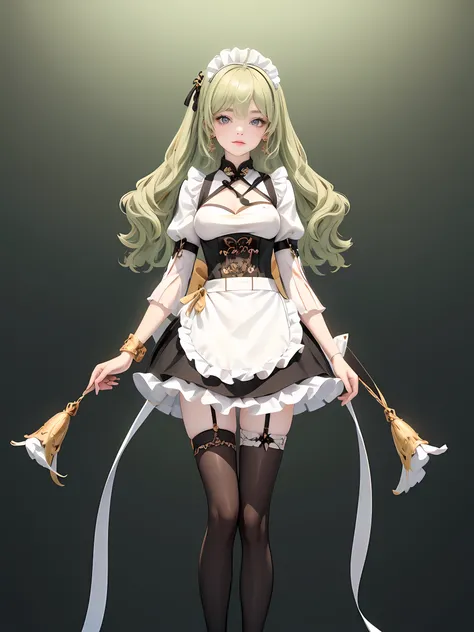 1girl, green hair, harness, black chinese cropped and skirt, chinese maid design, solo, buns hairstyle, symmetrical gloves, high socks, puffed socks, white cropped, harness, chinese maid dress, v neckline, garter on the legs, standing up, white apron, maid...