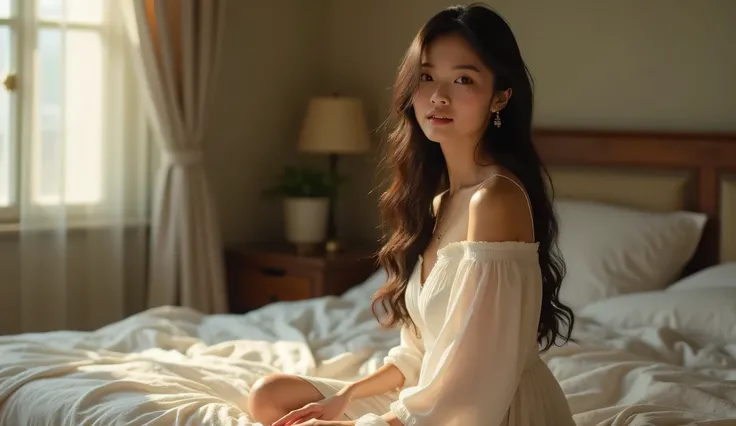 Beautiful Vietnamese girl in bedroom sitting on bed wearing white dress,