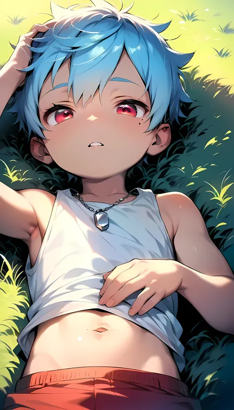 (score_9, score_8_up), realistic face, (perfect face), (detailed face:1.3), (detailed eyes:1.3), (cute eyes), (shiny eyes), (masterpiece eyes), (cute face:1.2), (solo), (shota:1.5), (sleeping on grass:1.3), (arched back), (one hand on head:1.2), BREAK (whi...