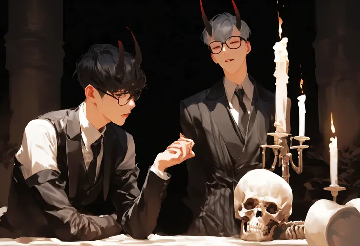Anime - style illustration in a dark, gothic theme. Two characters are seated at a table set with dark candles, plates of what appears to be raw meat and cherries, and glasses of red liquid, suggesting a vampire - themed feast. The character on the left ha...