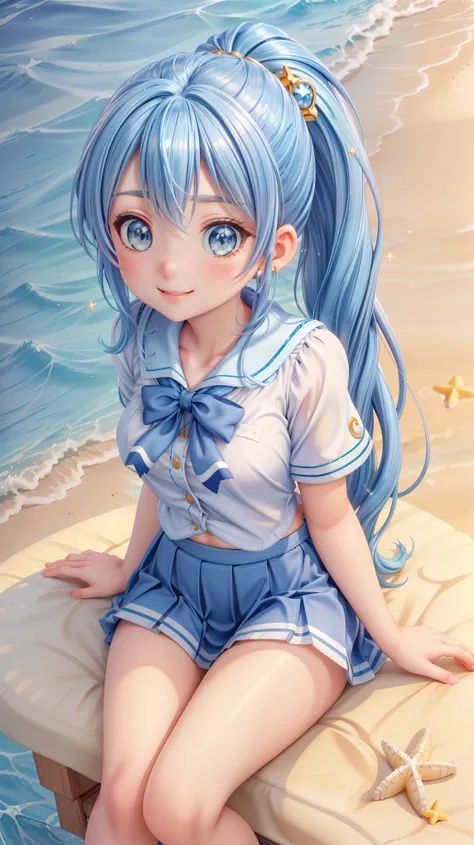 Ultra-realistic, hyper-detailed, 8K, photorealistic, vivid, masterpiece, shiny skin, firm skin, cute, very big hip, Konata Izumi from Lucky Star, blue hair, long ponytail tied with a yellow ribbon, large sparkling blue eyes, fair skin, slender build, no br...