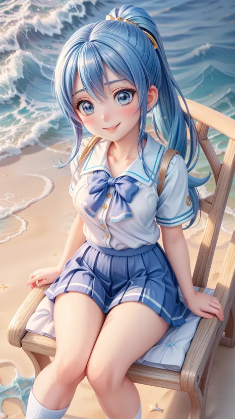 Ultra-realistic, hyper-detailed, 8K, photorealistic, vivid, masterpiece, shiny skin, firm skin, cute, very big hip, Konata Izumi from Lucky Star, blue hair, long ponytail tied with a yellow ribbon, large sparkling blue eyes, fair skin, slender build, no br...