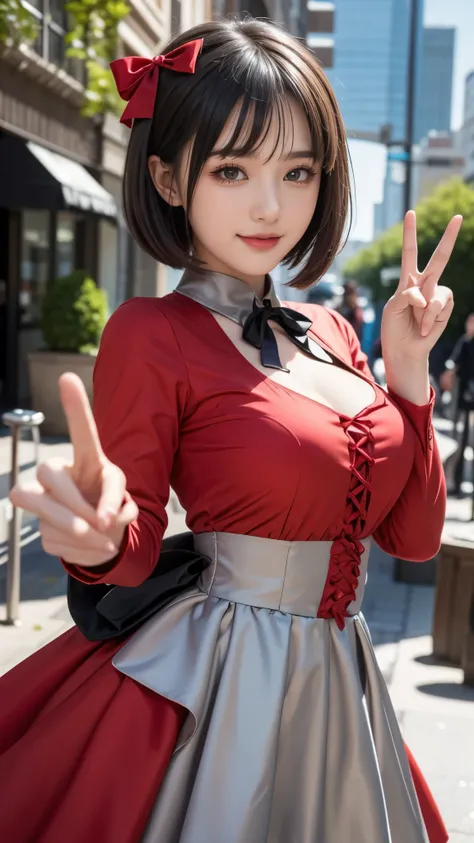 masterpiece, top quality, nsfw, 1 girl, Game CG Nishikiki Chisa Miyako, bob cut, hair bow,  licorice uniform, Bicolor dress , red dress, gray dress, neck ribbon, long sleeve, big breasts, Park, null, cityscape, , standing, V, open your mouth, happy, smile、...