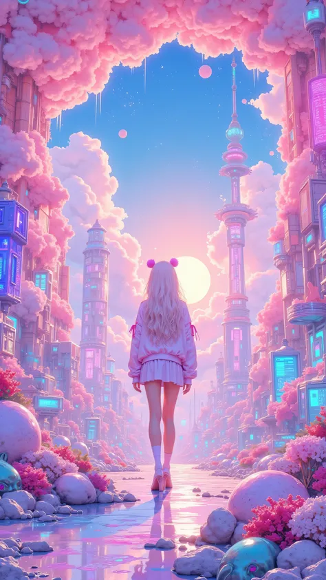 Vaporwave, cyber nostalgia explosion! Create a pink gradation fantasy world with glitch effects and retro structure.