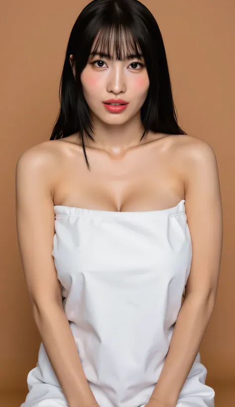 a woman, is in the living room , shirt looks full body, body facing front, eyes looking at camera , use only an apron of white color, underwearless, bare shoulders , bare sleeves, big size G-cup, thick red lips, horny face, black hair, whole body and we...