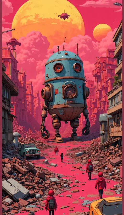 A surreal post-apocalyptic cityscape with vibrant pink skies and two massive suns glowing in the background. The scene features a large, retro-futuristic robot walking through a chaotic urban environment filled with debris, broken electronics, and abandone...