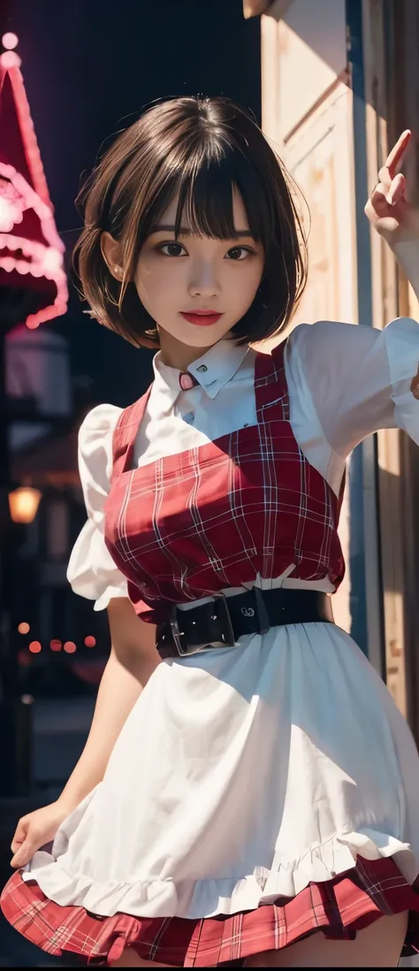 Cool Idol Girl (bob cut)、A pure girl's face、 hypo、、Red Apron Mini Dress、Skeleton Belt、Night wonderland haunted house glowing、