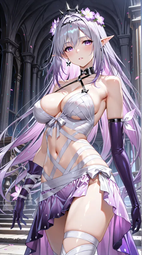 Castorice、(Bandage dress:1.5)、(white and dark purple dress)、Big Breasts、Navel Cover 、gradation hair、Lavender Hair、pointed ears、long hair、purple eye、 gray hair、( with a black tiara on her head :1.5)、(Flower crown:1.5)、flower ornaments、bare shoulder、Elbow pa...