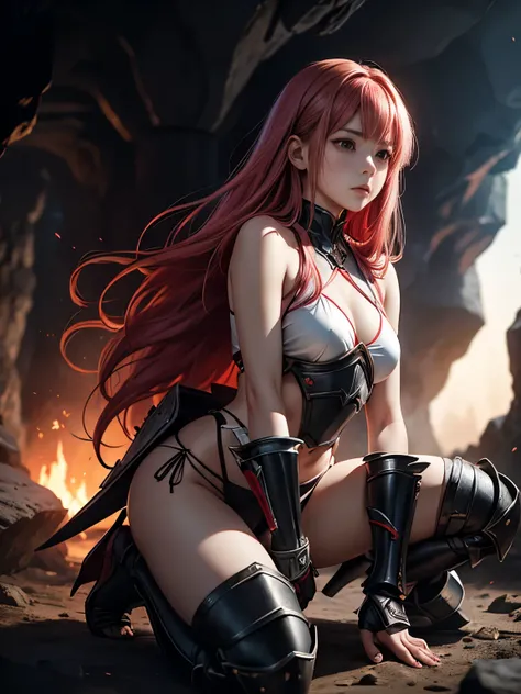 photorealistic、realistic Japanese anime、Woman with long reddish pink hair（Fluffy Hair、frightened expression、slim figure、Small breasts）、simple figure、White sexy bikini armor（sleeveless top with p、armor）、get down on one knee、in a dark cave、Pitch Black Hell、D...
