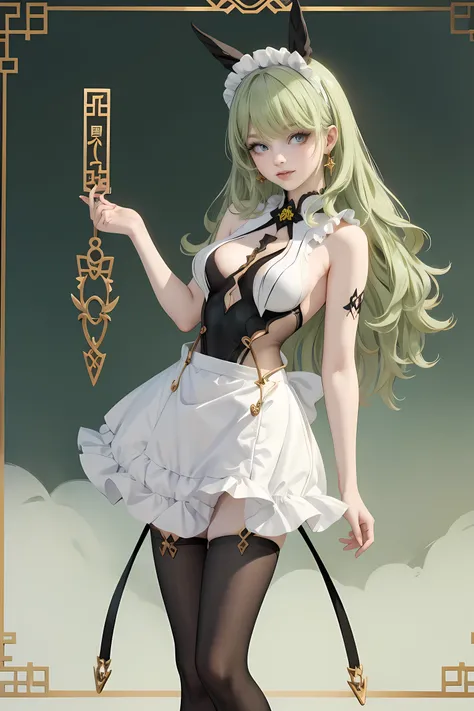1girl, green hair, harness, white cropped and skirt, chinese maid design, solo, buns hairstyle, symmetrical gloves, high socks, harness, chinese maid dress, v neckline, garter on the legs, stand up, white apron, maid dress, chinese maid, chinese aesthetic,...