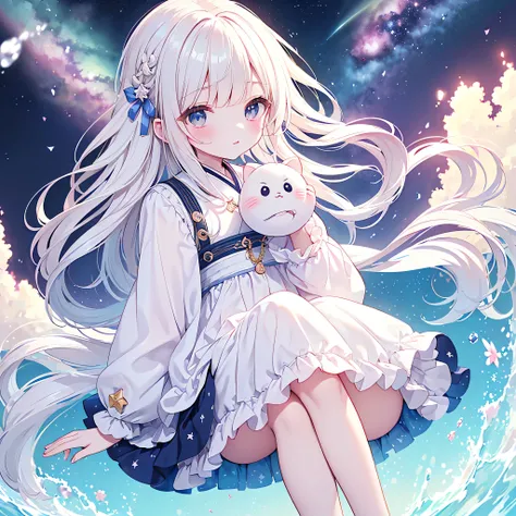 score_9,score_8,svore_7,BEST DETAILS、1gir, pretty face、Baby Face、((( best composition、top quality、greatest masterpiece、Super Detail、high definition、Perfect Anatomy)))、starの妖精、Milky White and Seven Gradation Hair Colors、universe柄のゴスロリ着物、Long Sleeves and Wid...