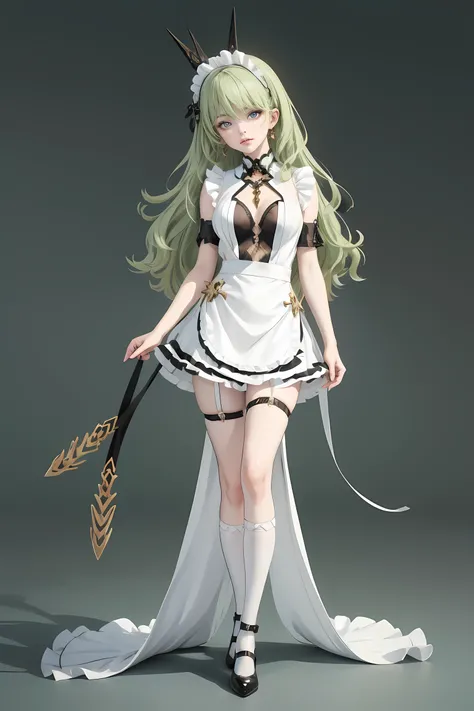 1girl, green hair, harness, white cropped and skirt, chinese maid design, solo, buns hairstyle, symmetrical gloves, high socks, harness, chinese maid dress, v neckline, garter on the legs, stand up, white apron, maid dress, chinese maid, chinese aesthetic,...