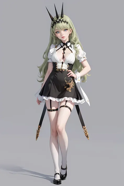 1girl, green hair, harness, white cropped and skirt, chinese maid design, solo, buns hairstyle, symmetrical gloves, high socks, harness, chinese maid dress, v neckline, garter on the legs, stand up, white apron, maid dress, chinese maid, chinese aesthetic,...