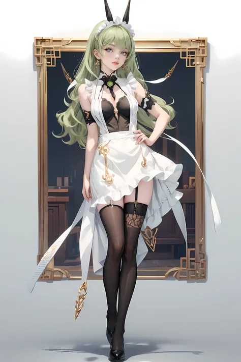 1girl, green hair, harness, white cropped and skirt, chinese maid design, solo, buns hairstyle, symmetrical gloves, high socks, harness, chinese maid dress, v neckline, garter on the legs, stand up, white apron, maid dress, chinese maid, chinese aesthetic,...