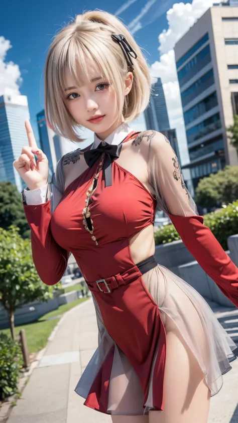 masterpiece, top quality, 8K,  RAW photos , nsfw, 1 girl, Game CG Nishikiki Chisa Miyako, bob cut, hair bow,  licorice uniform, Bicolor dress , miniskirt, red dress, gray dress, neck ribbon, long sleeve, beautiful breasts, Park, null, cityscape, , standing...