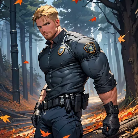 (((Solo man))),(((Stephen amell as a handsome policeman, wearing policeman professional costume)))), (((dark NYPD suit , well equiped , showing a bulge, fingers gloves ))) ((( perfect anatomy))), masterpiece,top-quality,, ((( trees and falling LEAVES sc...