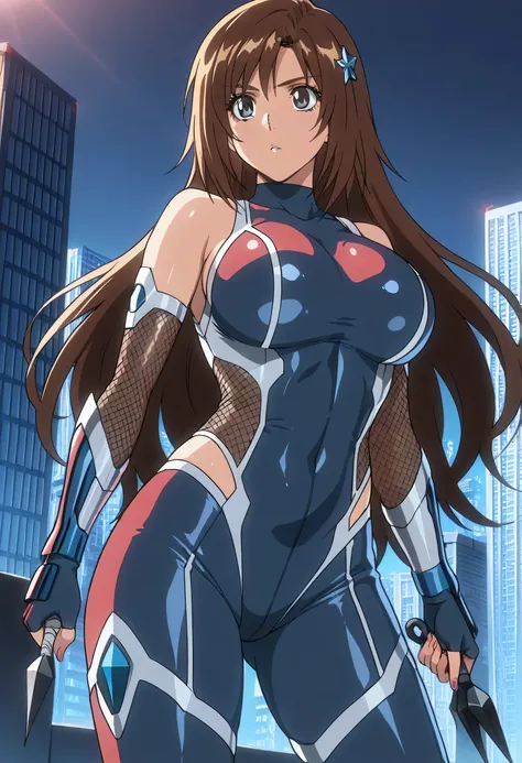 (masterpiece, best quality:1.2), cowboy shot, solo, 1 woman, ninja, female, beautiful, sexy, orihime inoue, long brown hair, 30 y.o, MILF, sleek outfit, taimanin inspired outfit, darkness, wielding kunai, standing on top of a skyscraper, best quality, high...
