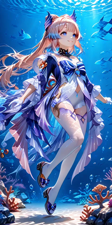 masterpiece, detailed, defined, Kokomi from Genshin Impact, full body, Underwater, natural environment, arrecife de coral, swimming, que se vea su full body,  slightly in profile, full body, realistic skin, shiny skin, by day, rostro defined, rostro detail...